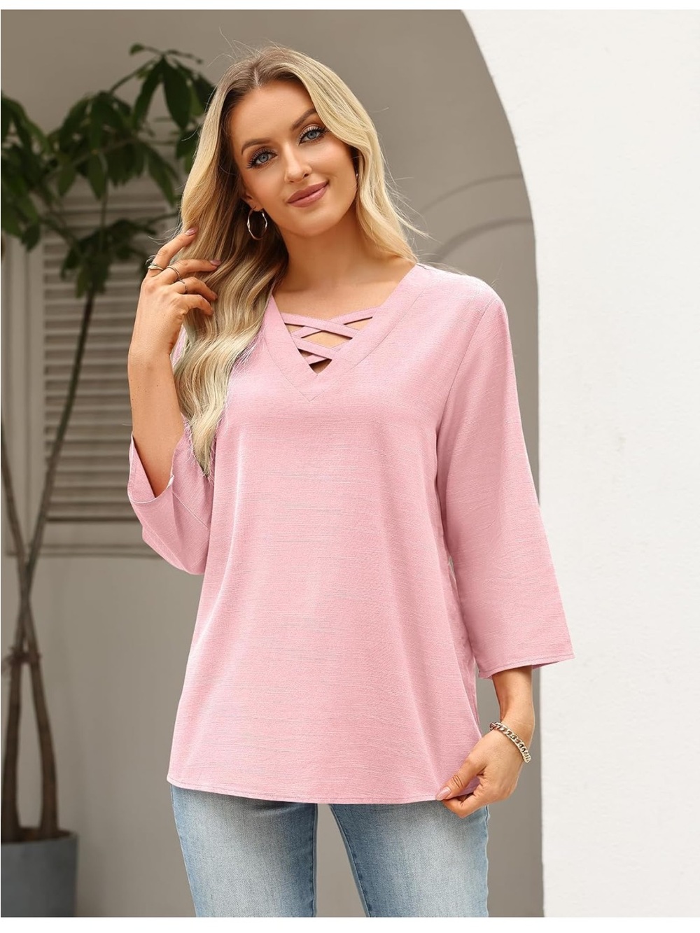 Light Pink Crisscross V-Neck Tunic Top